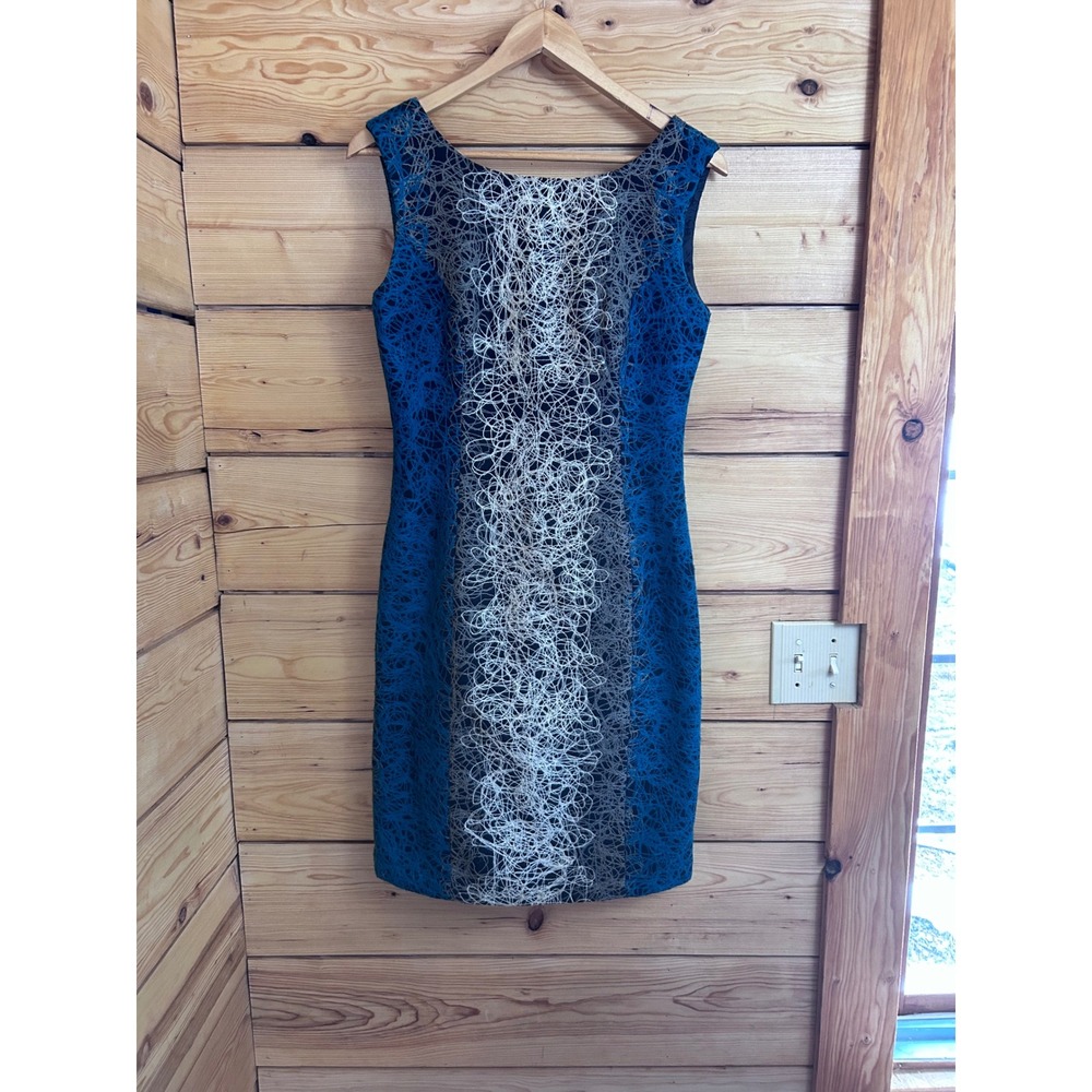 Fever London Blue Grey White Textured Embroidered Sheath Dress Size 8 UK 12